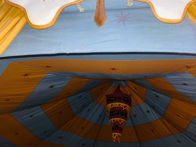 Yellow-Blue color garden pavilion tent inner view
